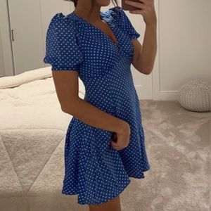 Blue and white polka dot dress